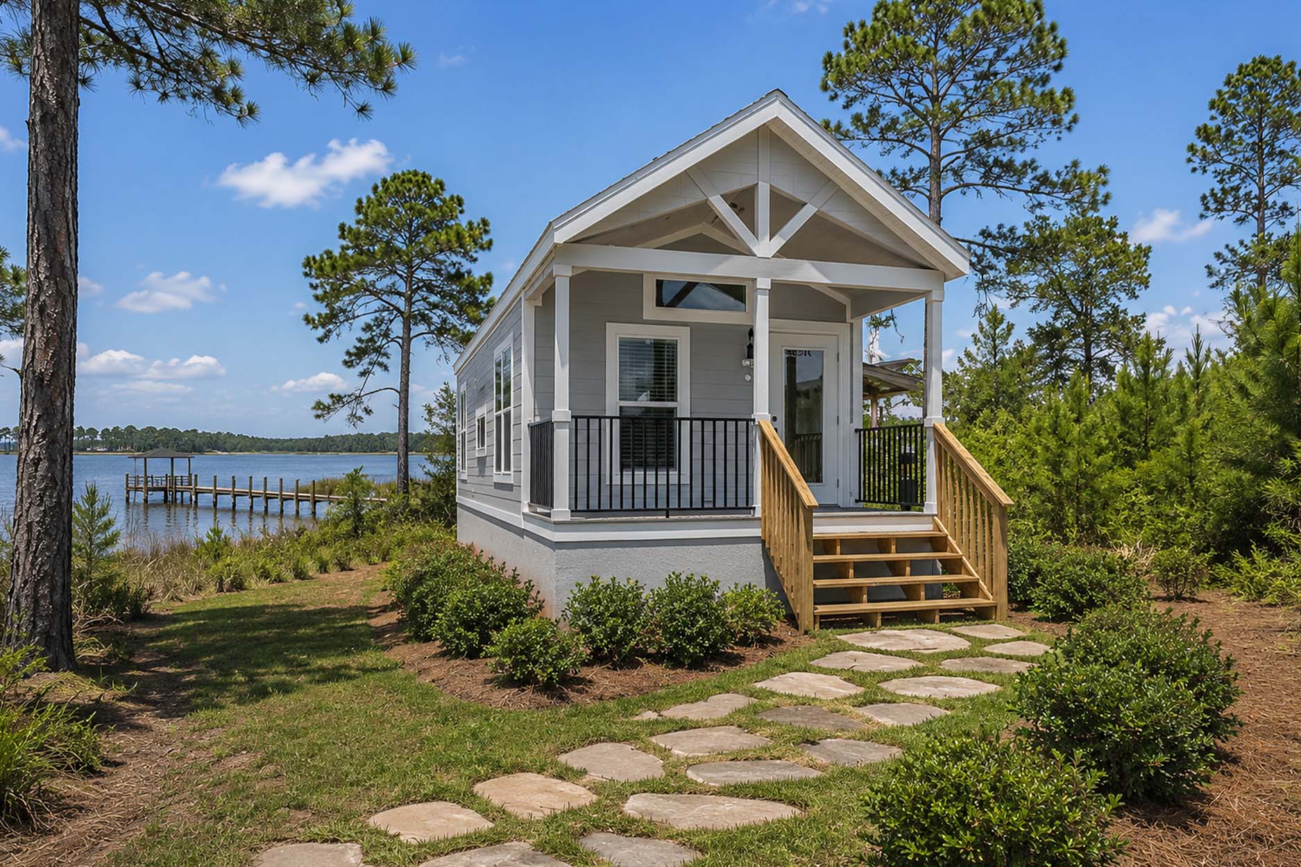 Charming small white cottage with a porch by water, surrounded by trees and a stone path, under a blue sky.