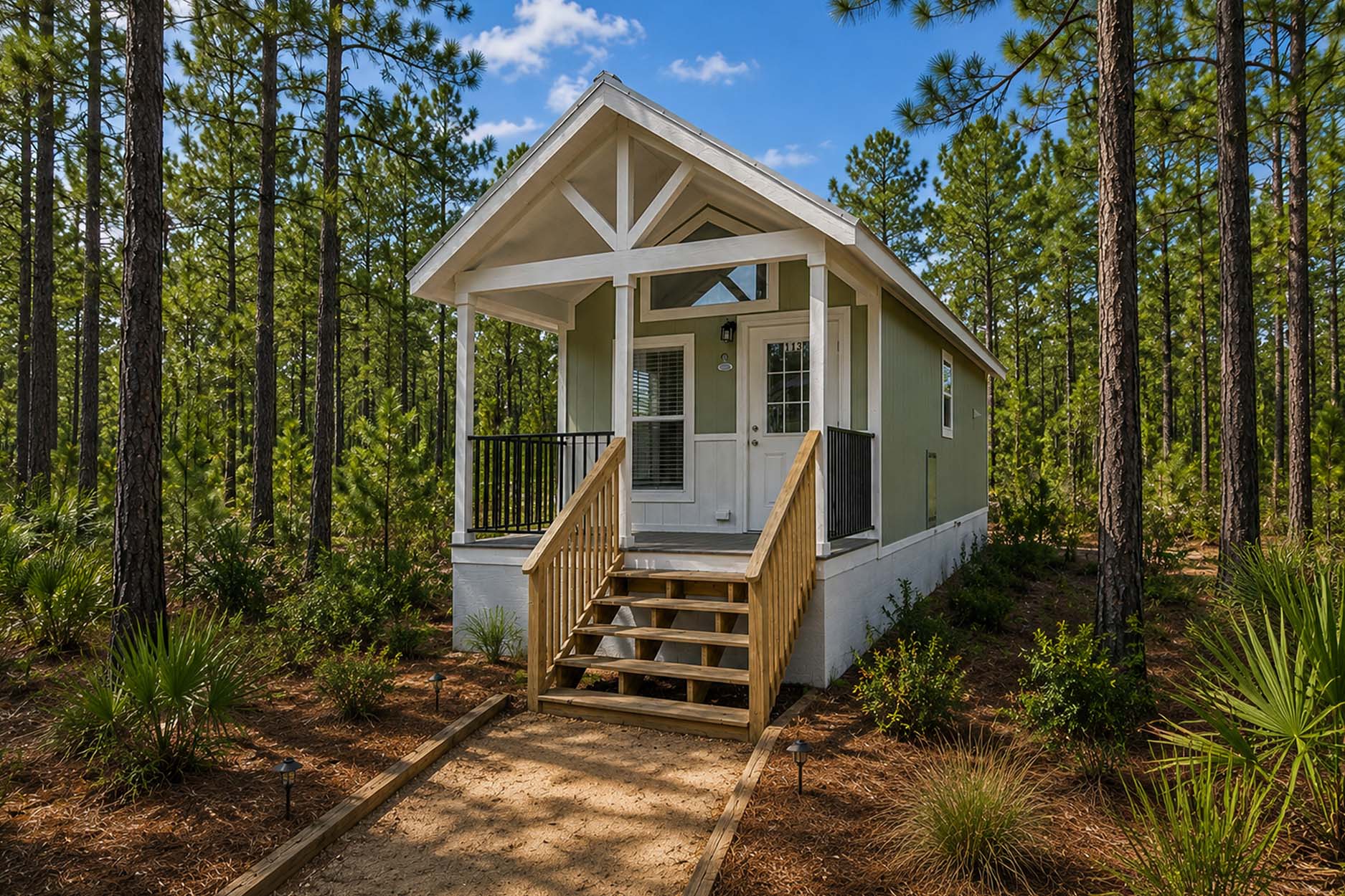 Small green cabin with a front porch and steps, reminiscent of charming park homes, surrounded by tall pine trees and natural landscaping.