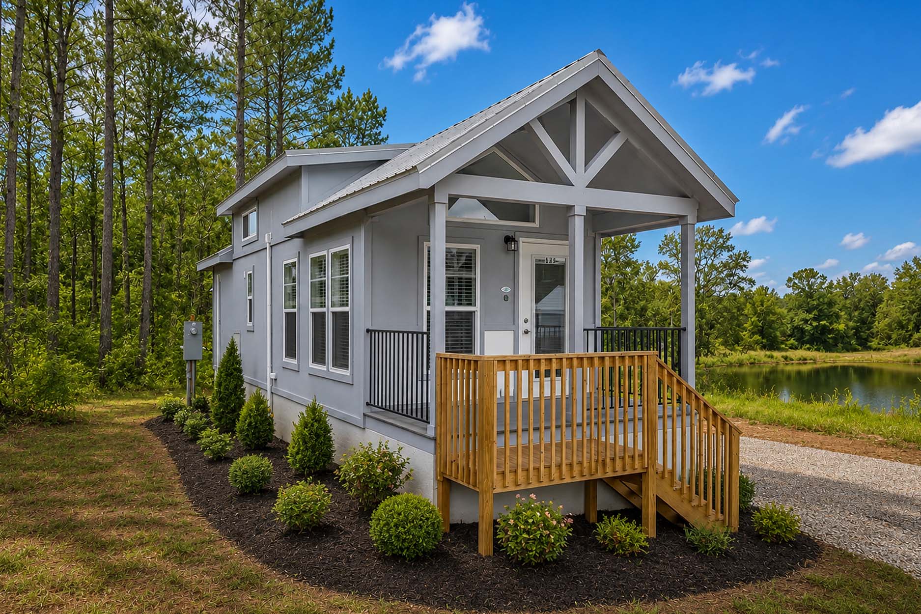 Small gray tiny park home with a porch, surrounded by bushes, trees, and a bright blue sky with clouds.