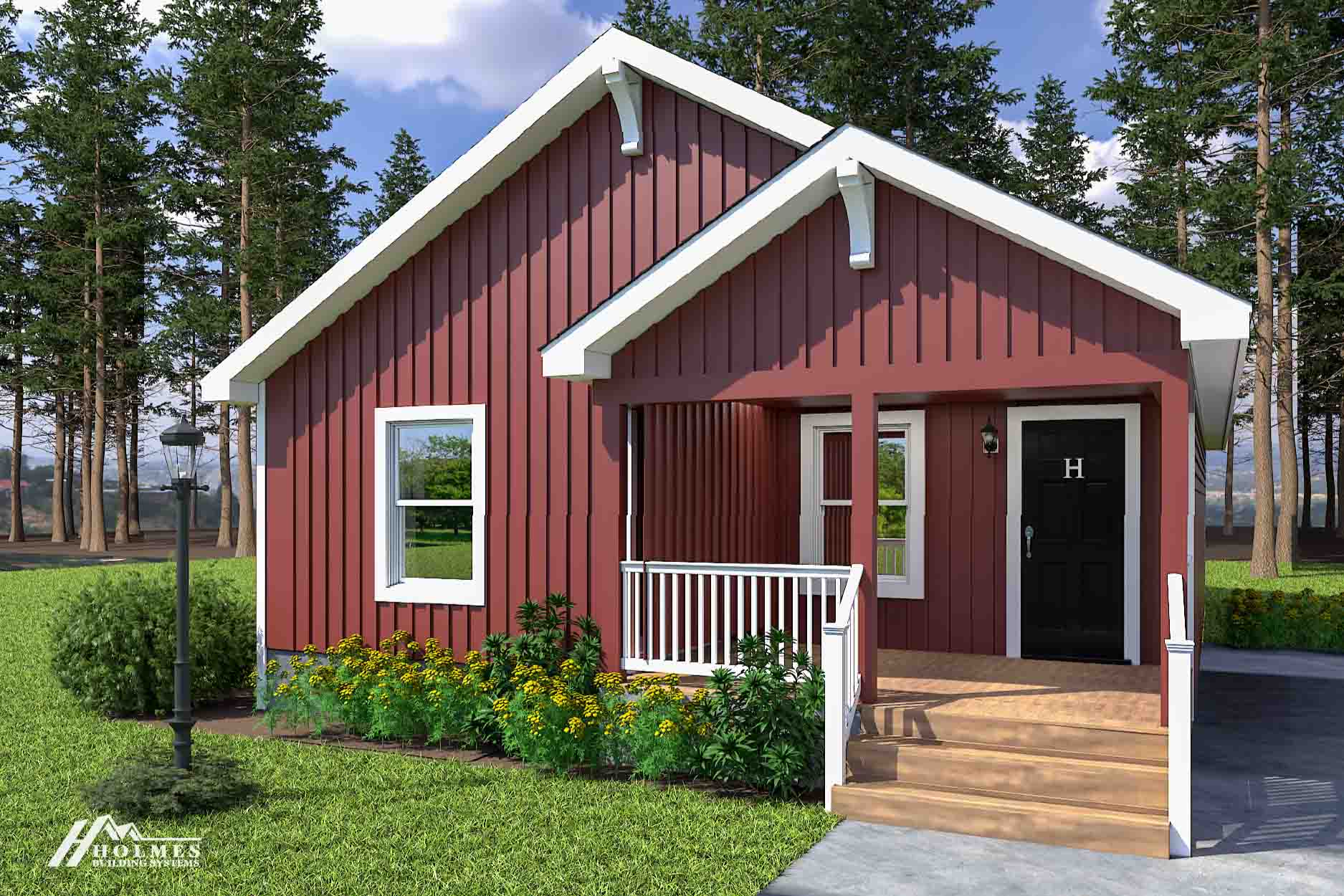 Charming red modular home with white trim, a welcoming front porch, flower garden, and trees in the background.